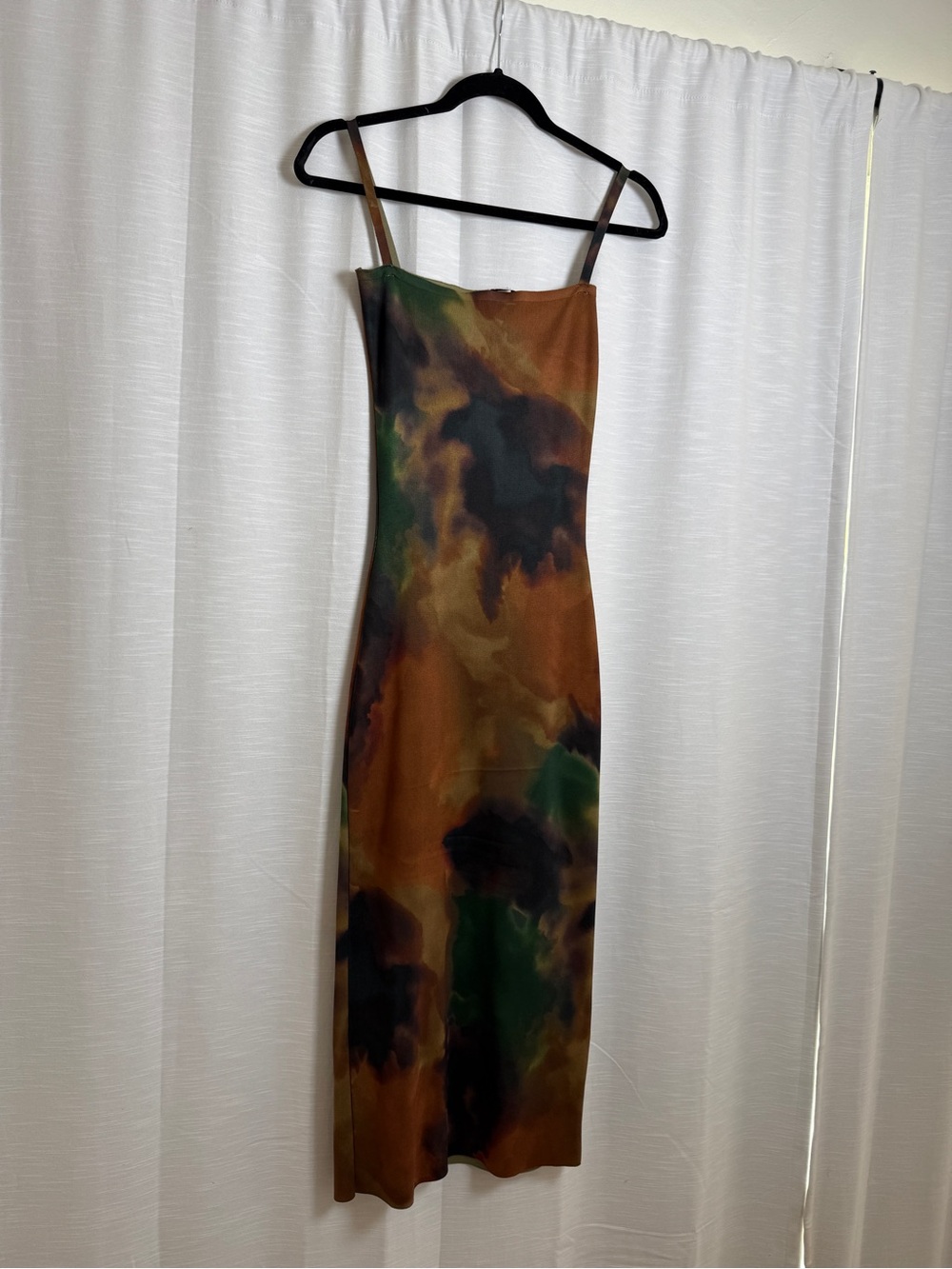 Zara Abstract Print Satin Midi Dress Brown Green Bodycon Slip Dress | Size S - Picture 5 of 13